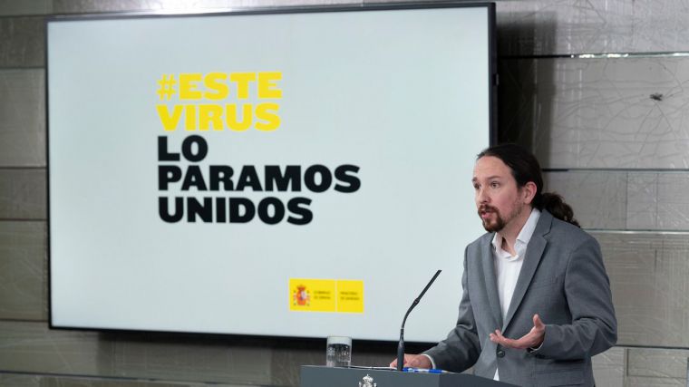 El vicepresidente de Derechos Sociales y Agenda 2030, Pablo Iglesias, durante su intervención en la rueda de prensa posterior al Consejo de Ministros.