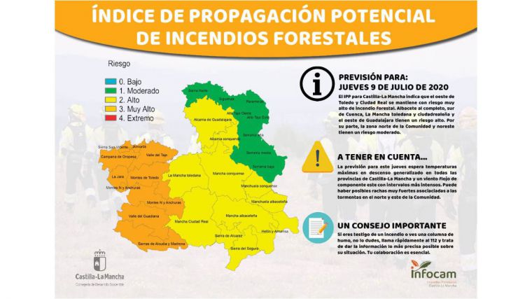 Baja el nivel de riesgo de incendios en CLM, aunque sigue siendo muy alto al oeste de Toledo y Ciudad Real