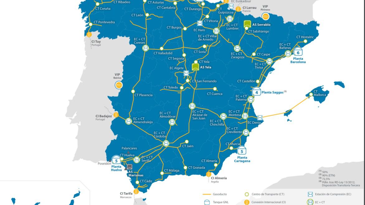 Mapa de infraestructuras de gas en España.