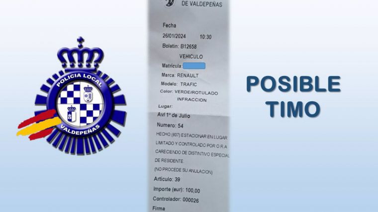 La Policía Local de Valdepeñas alerta sobre una estafa con multas falsas de la zona azul en el municipio